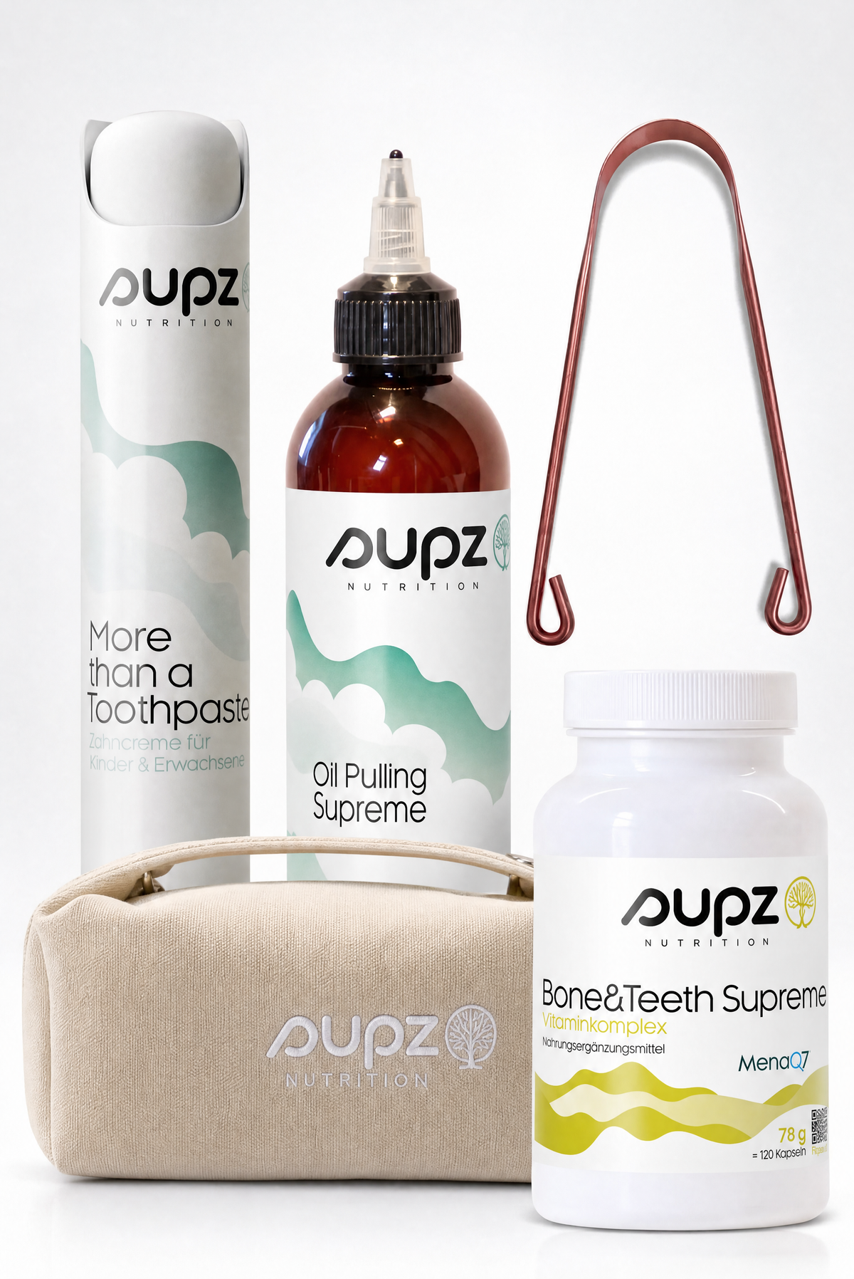 SUPZ Mundpflege-Bundle mit Zahnpasta, Mundziehöl, Zungenschaber, Bone & Teeth Supreme und SUPZ-Tasche