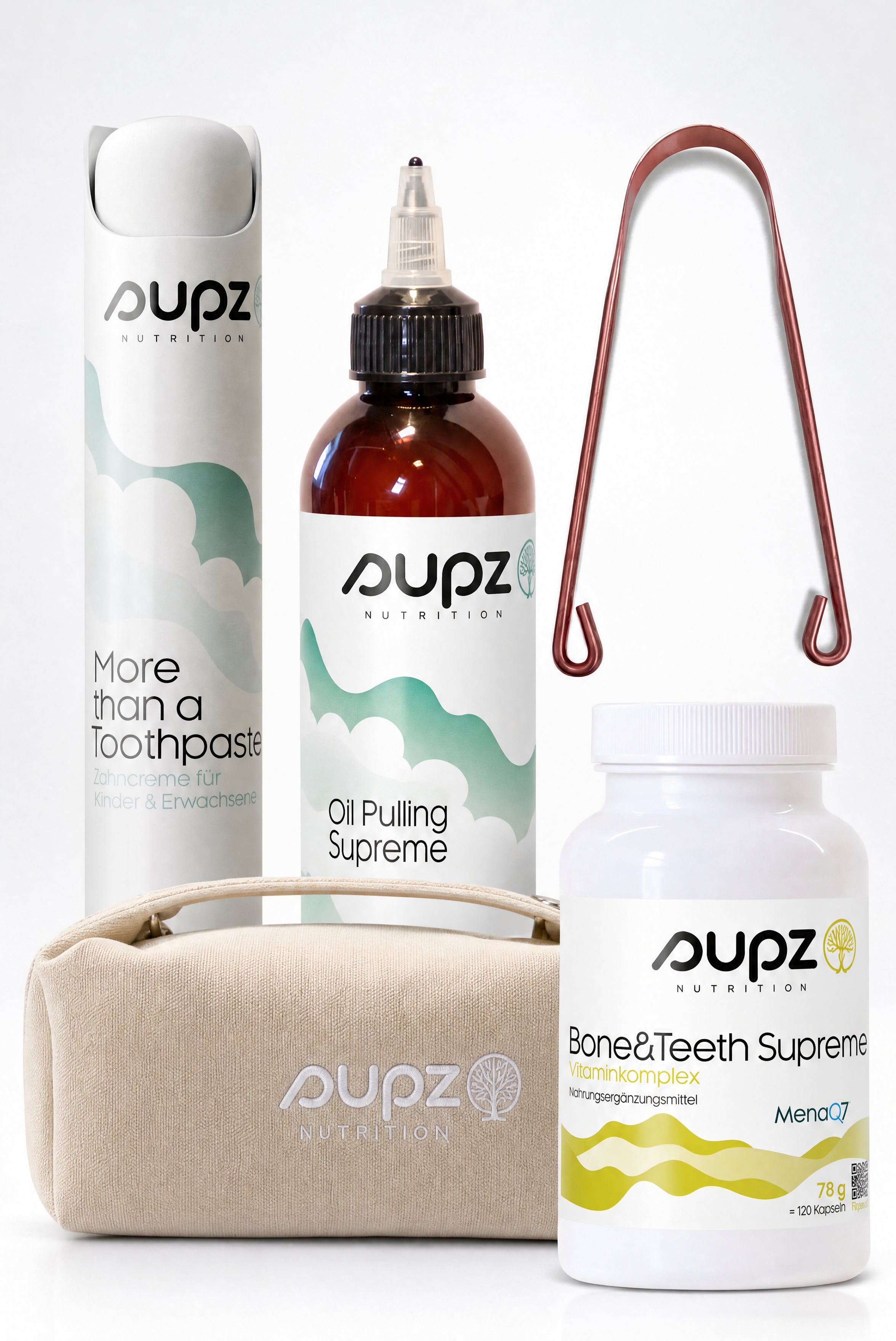 Original SUPZ Gratis-Bundle mit Zahncreme, Mundziehöl, Zungenschaber, Bone & Teeth Supreme und Tasche